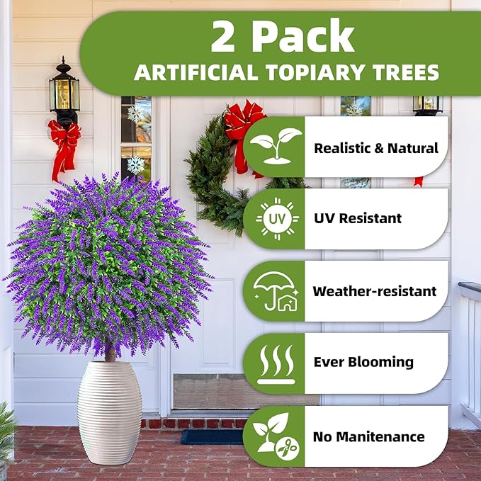 27.5" Artificial Boxwood Lavender Topiary Ball Trees, Set of 2 Fake Shrubs Bushes with Ground Spike, UV Resistant Faux Evergreen Plants for Outdoor Indoor Planters Front Porch Garden Decor