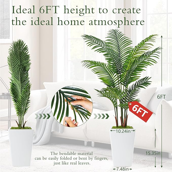 6FT Artificial Palm Tree, Tall Faux Palm Tree Indoor with Fake Plants Tall, Artificial Plants with Lifelike Leaves for Home Office Decor (White)