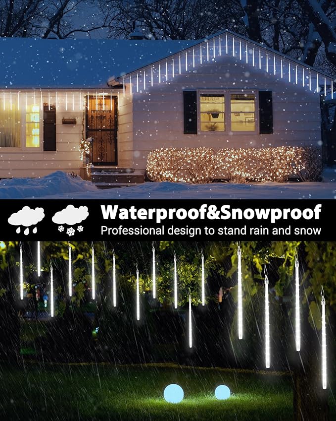 Joomer 2Pack Christmas Lights Outdoor, 11.8 inch 10 Tubes 240 LED Meteor Shower Lights, LED Falling Icicle Cascading Light with Timer Waterproof and Connectable for Christmas Decoration (White)
