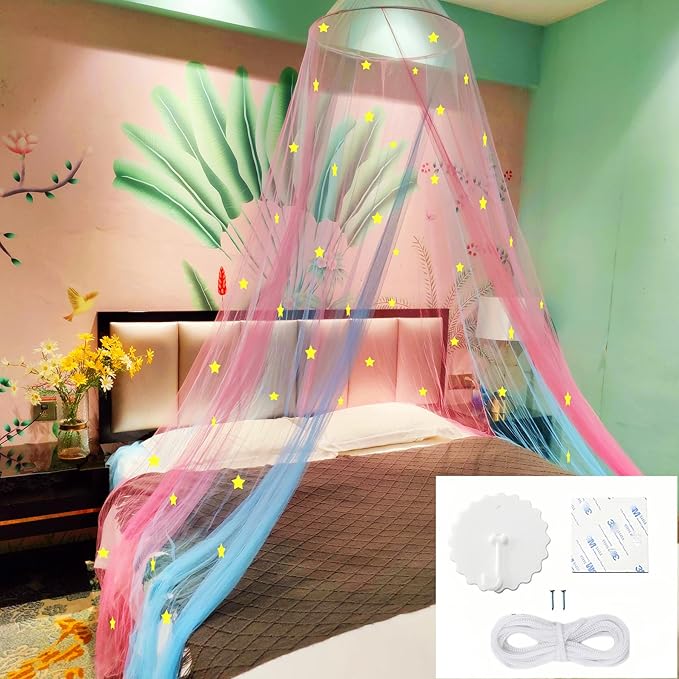 Eimilaly Two-Tone Bed Canopy Stars Glow in The Dark Pink Blue, Mosquito Net Bed Canopy for Girls Room Decor, Single Door