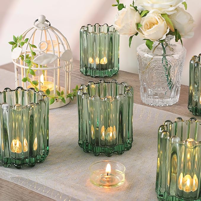 6 PCS Votive Candle Holder, Green Glass Candle Holders, Tealight Candle Holder for Wedding Centerpieces Dinner Party Table Decor