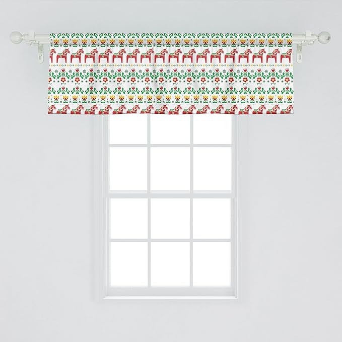 Ambesonne Folk Art Window Valance, Scandinavian Themed Pattern of Swedish Dala Horse and Flowers, Curtain Valance for Kitchen Bedroom Decor with Rod Pocket, 54" X 18", Green Vermilion