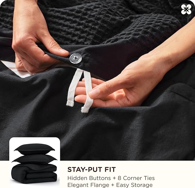 Bedsure Cotton Duvet Cover King - 100% Cotton Waffle Weave Black Duvet Cover King Size, GentleSoft™ and Breathable Bedding Set for All Season, 3 Pieces, 104"x90"