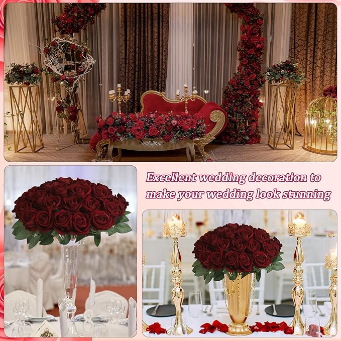 30pcs Fake Roses Artificial Silk Flowers Long Stems Bouquet for Wedding Bridal Shower Party Home Decoration(Wine Red)