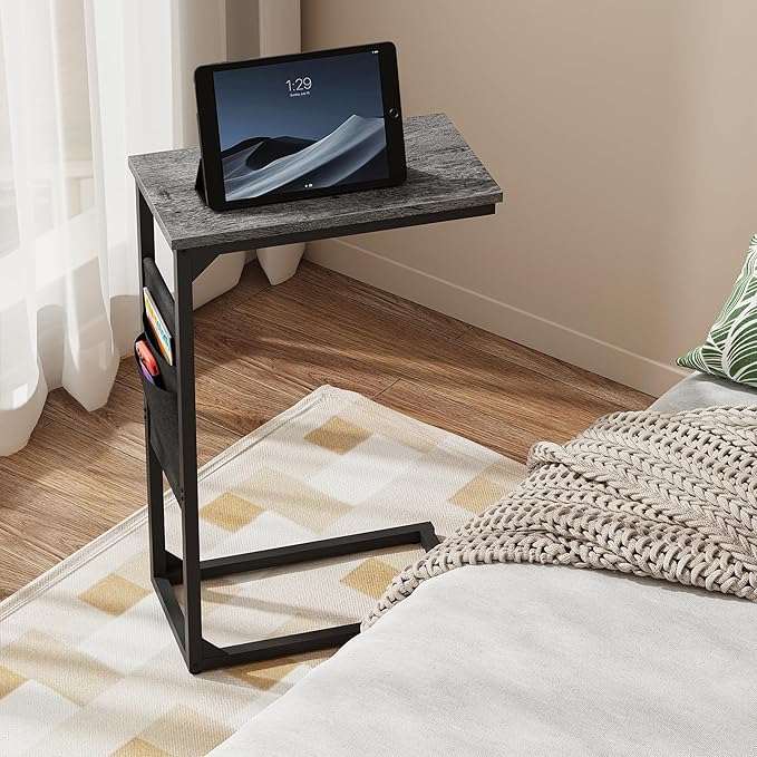 TUTOTAK C Shaped End Table, Side Table for Couch, Sofa Table with Storage Bag, TV Tray for Living Room, Bedroom, Charcoal Grey TB01BY0822