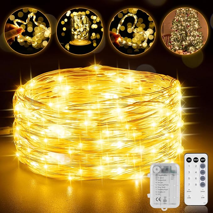 33FT 200 LED Fairy Lights Battery Operated with Timer & Remote, 8 Modes Dimmable Twinkle Lights, Waterproof Warm White Fairy String Lights for Outdoor Patio Wedding Mason Jar Party Bedroom Classroom