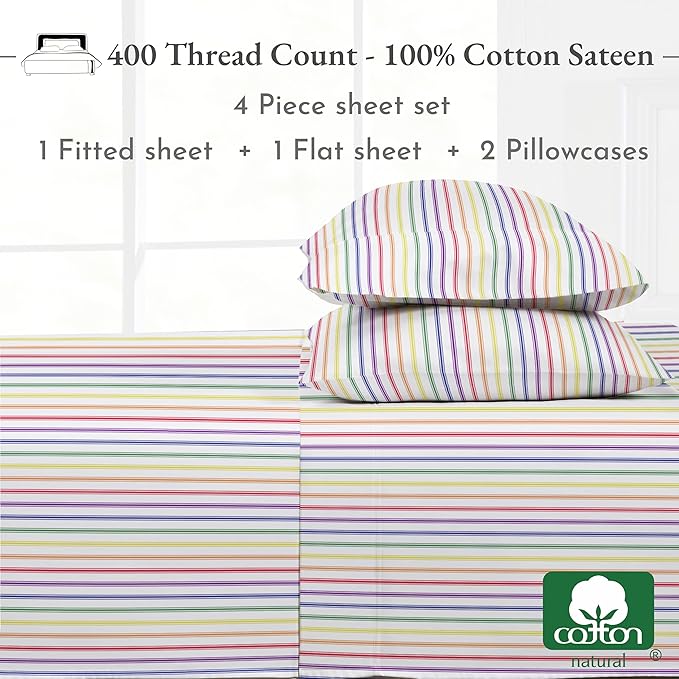 California Design Den Striped Queen Sheet Set - 400 Thread Count Sateen, Natural 100% Cotton Sheet Set Queen Size, Deep Pocket Cooling and Durable Bedding - Rainbow Striped
