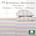 California Design Den Rainbow Striped King Size Sheets Set - Luxury 400 Thread Count Sateen, Natural 100% Cotton Sheets, Deep Pockets, Cooling and Durable Bedding Set - Rainbow Striped