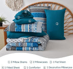 Cottolester Boho Comforter Set King Size,8 Pieces Teal Blue Bohemian Striped Bed in a Bag,Paisley Soft Microfiber Bedding Comforter Set