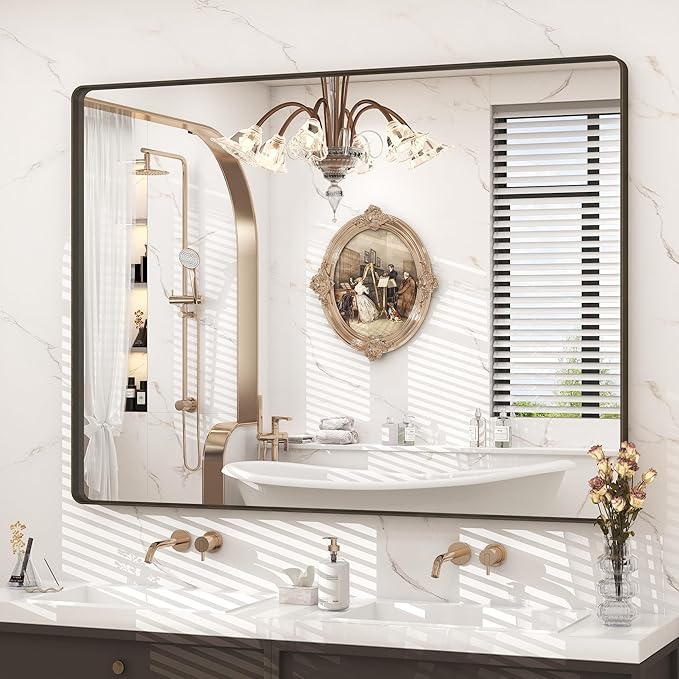 48x36 Bronze Framed Bathroom Mirror, Rectangle Brushed Bronze Metal Vanity Mirror, Large Modern Mirror for Wall, Rounded Corner, Tempered Glass, Anti-Rust, Shatterproof (Horizontal/Vertical)