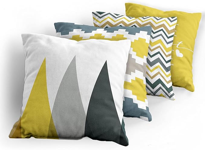 Ambesonne Modern Throw Pillow Cushion Case Pack of 4, Geometric Style Pattern of Triangles Zigzags Love Home Phrase Print, Modern Accent Double-Sided Digital Printing, 24", Yellow Slate Blue and Tan