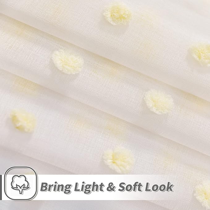 MYSKY HOME Pom Pom White Sheer Curtains for Girls Bedroom Mustard Yellow Curtains for Nursery 84 Inch Long Living Room Curtains 2 Panels Light Filtering Rod Pocket Window Drapes 52 x 84 inch
