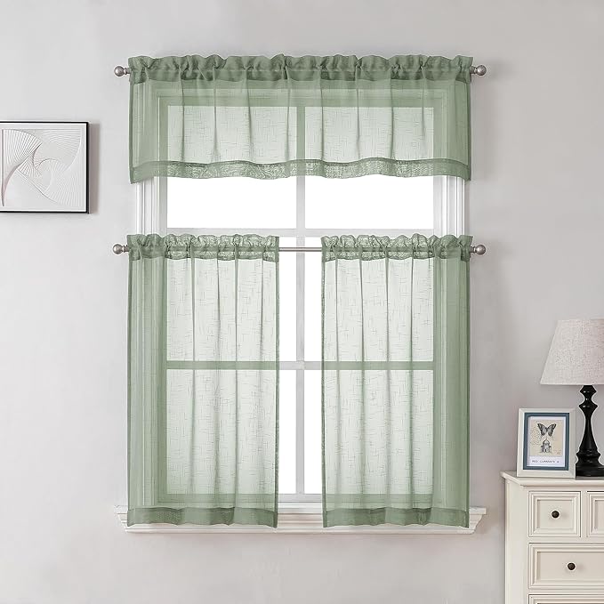 Aiyufeng Kirei 36 Inch Sage Green Linen Sheer Curtains - Faux Linen Semi Transparent Window Drapes Privacy UV Protection Short Curtains for Living Room, Home Office, Car, Kitchen, 30Wx36L, 2 Pcs
