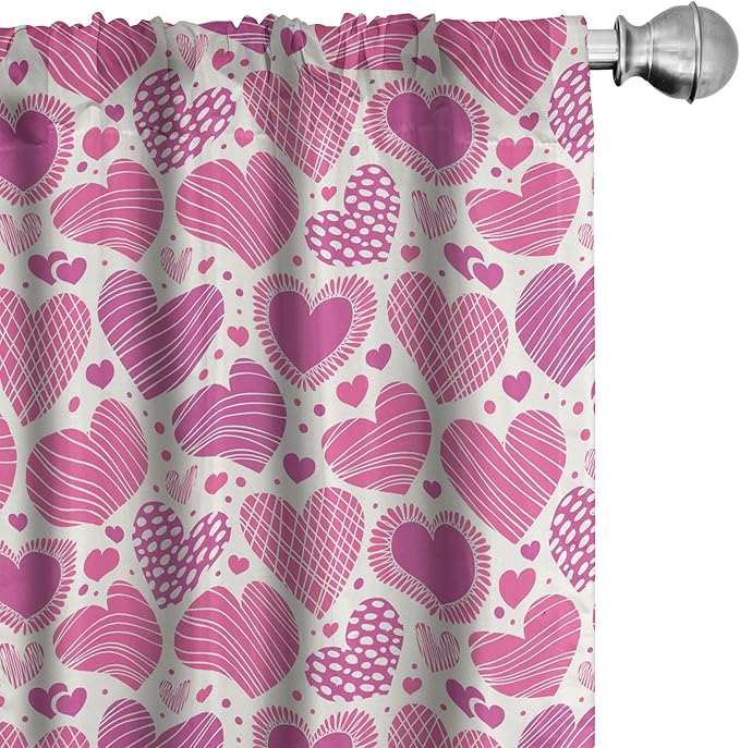 Ambesonne Valentines Window Curtains Pack of 2, Romantic Heart Shapes with Many Different Designs Polka Dots Crossed Lines, Lightweight Set with Rod Pocket, 4 Panels of - 28" x 84", Pink White