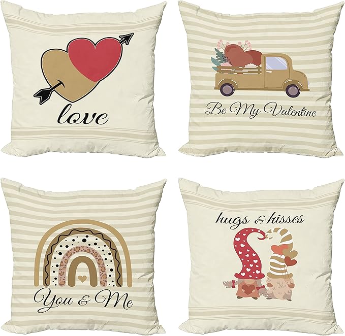 Ambesonne Romantic Throw Pillow Cushion Case Pack of 4, Love Hearts Arrow You and Me Be My Valentine Hugs Kisses Lettering, Modern Accent Double-Sided Digital Printing, 20", Ivory Camel and Dark Pink