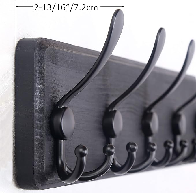 WEBI Coat Rack Wall Mount,38 9/16" Long,10 Tri Hooks for Hanging Coats,16" Hole to Hole,Coat Hooks Wall Mounted Coat Hanger,Wood Hook Rack for Clothes,Jacket,Hats,Rustic Black