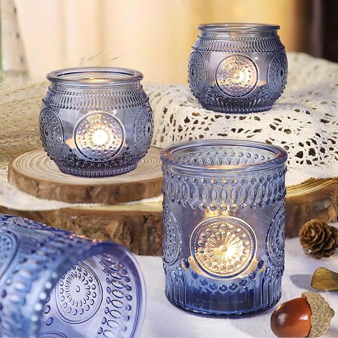 36 Pcs Blue Candle Holders Bulk- Blue Votive Candle Holders for Wedding Centerpieces, Assorted Glass Tea Lights Holders for Baby/Bridal Shower, Thanksgiving, Fall, Christmas Table Centerpieces Decor