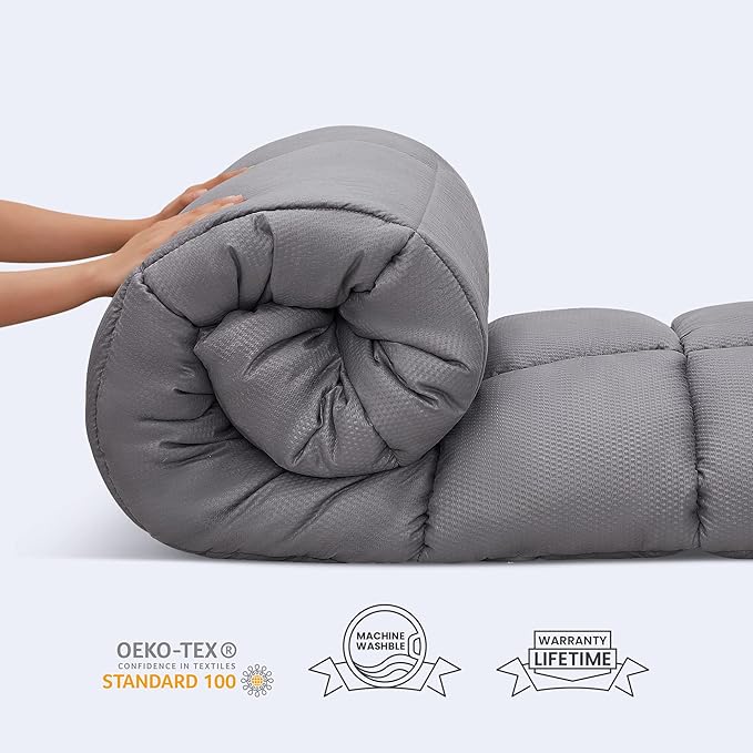 SLEEP ZONE Cooling Mattress Topper Queen Size Quilted Fitted Mattress Pad Cover, Soft Fluffy Down Alternative Pillow Top Bed Topper Deep Pocket 8-21 Inch (Grey, Queen)