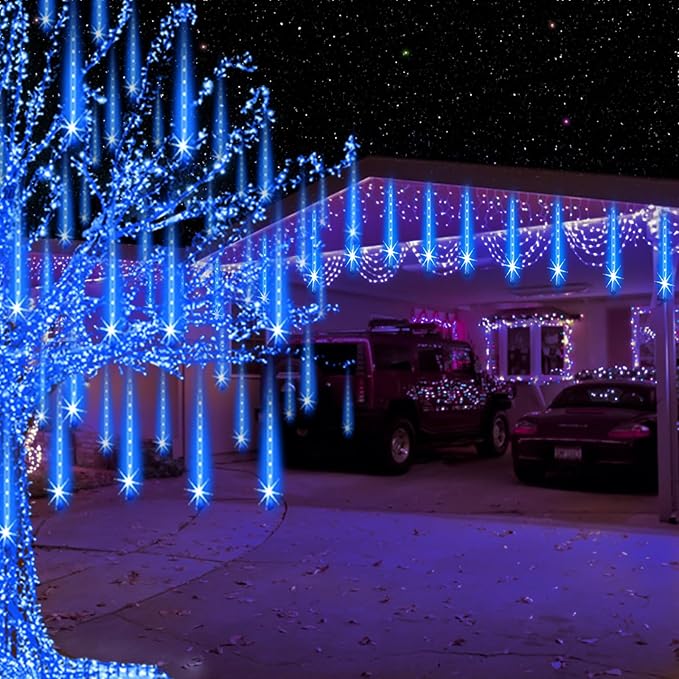 Aukora Christmas Lights Outdoor，LED Meteor Shower Lights 11.8 inch 8 Tubes 192leds Rain Drop Light, Icicle Snow Falling Light for Christmas Tree Halloween Party Holiday Thanksgiving Decoration(Blue)