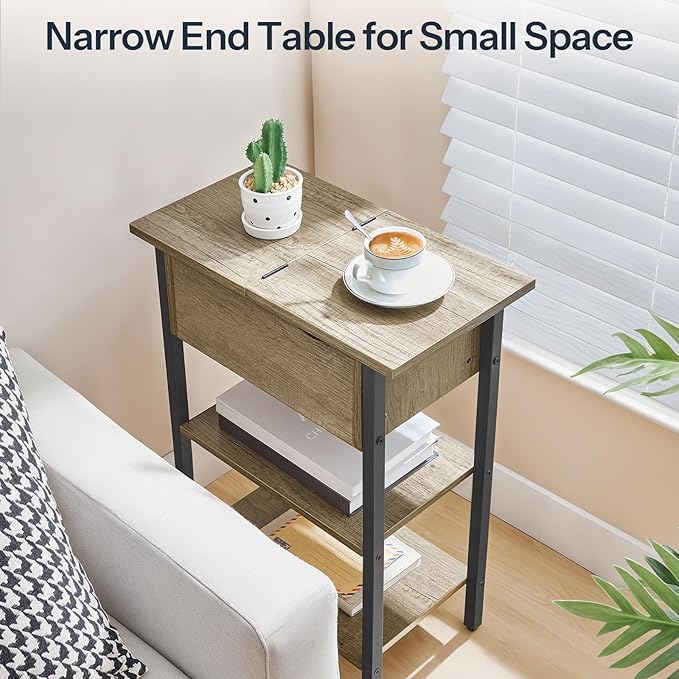 HOOBRO End Table with Charging Station, Narrow Side Table, Flip Top Nightstand with USB Ports and Outlets, Bedside Tables with Shelf for Small Spaces, Living Room, Sunwashed Ash Oak BHH341BZ01