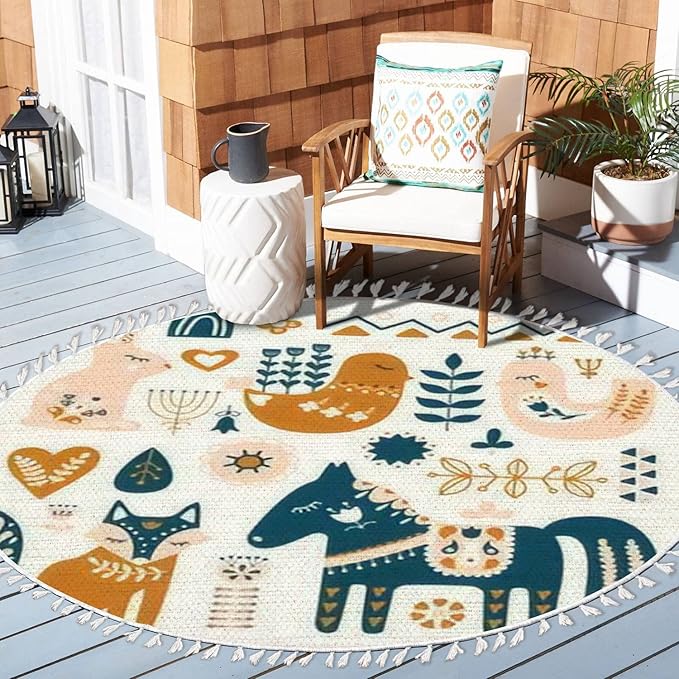 Round Rugs Composition Folk Art Animals Decorative Elements Hand Drawn Boho Area Rug Linen and Cotton Carpet Meditation Rug Washable Hallway Runner Mat Accent Rug for Bedroom Bathroom 4ft
