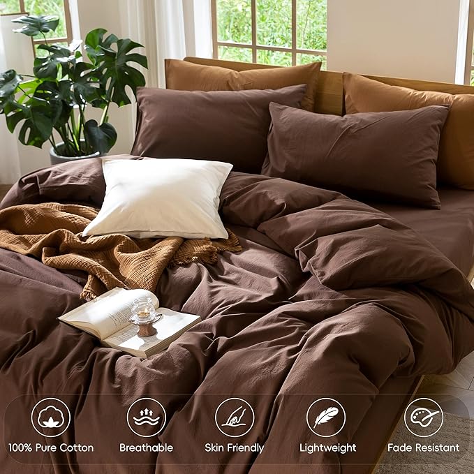 MooMee Bedding Duvet Cover Set 100% Washed Cotton Linen Like Textured Breathable Durable Soft Comfy (Solid Cocoa Brown, Cal King 104"x98")