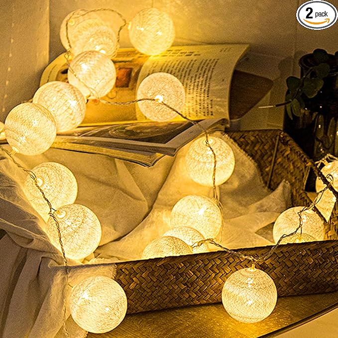 Anordsem Battery String Light Indoor: 6.88Ft/10 LED Cotton Ball Lanterns 2 Pack - Fairy Cozy Lighting Hanging Deco for Bedroom Party - Christmas Gifts for Babies Adults 25-50