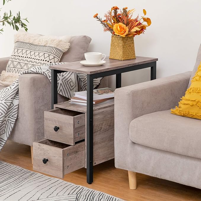 HOOBRO End Table, Narrow Chairside Table with Drawer and Open Storage Shelf, Nightstand for Small Spaces, Stable and Sturdy Construction, Wooden Look Accent Furniture, Greige and Black BG548BZ01G2