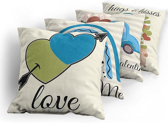 Ambesonne Romantic Throw Pillow Cushion Case Pack of 4, Love Hearts Arrow You and Me Be My Valentine Hugs Kisses Lettering, Modern Accent Double-Sided Digital Printing, 18", Ivory Blue and Olive Green