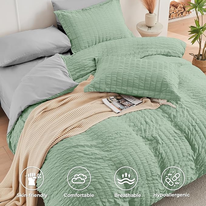 HYMOKEGE Sage Green/Light Grey King Size Comforter Set Seersucker 7 Pieces, All Season Luxury Bed in a Bag for Bedroom, Bedding Set with Comforter, Sheets, Pillowcases & Shams