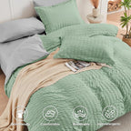 HYMOKEGE Sage Green/Light Grey King Size Comforter Set Seersucker 7 Pieces, All Season Luxury Bed in a Bag for Bedroom, Bedding Set with Comforter, Sheets, Pillowcases & Shams
