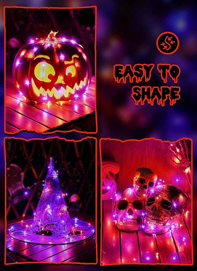 5 Pack Fairy Lights Battery Operated, 7 Feet 20 Led String Lights with Timer, Waterproof Firefly Lights for Home Party Ghost Haunted House Indoor Outdoor Halloween Decorations, Orange & Purple