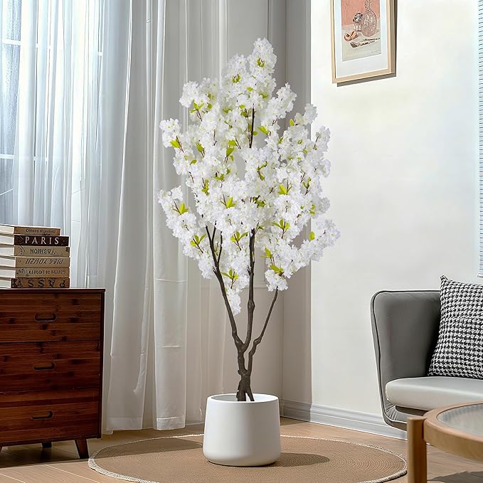 Artificial White Cherry Blossom Tree 6ft(74in) Faux White Flower Tree Indoor Decor Handmade Natural Fake Cherry Tree for Wedding Realistic Cherry Blossom Plant for Home,Living Room,Office Decor