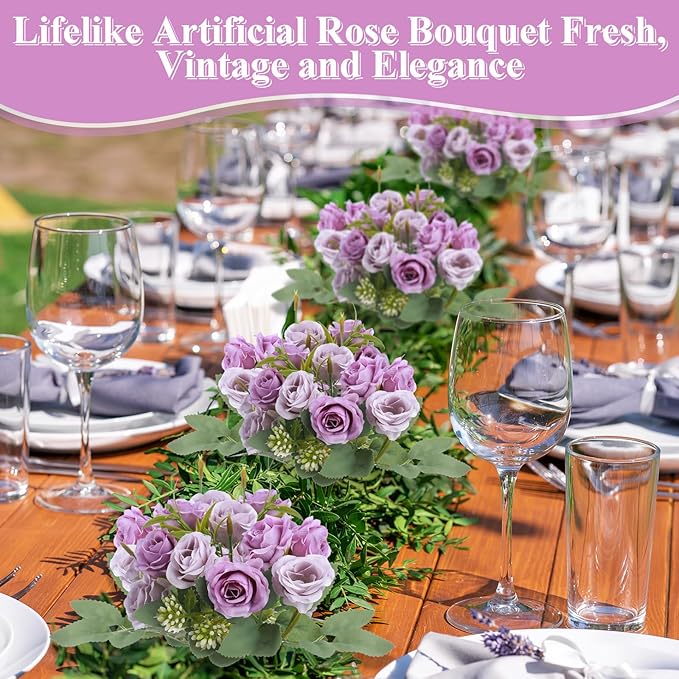 Zeyune 8 Pack 12 Inch Wedding Bouquets for Bride Bridesmaid Purple and Lilac Artificial Rose Bouquet Fake Silk Roses Flowers Bunches Bulk for Home Office Garden Parties Decoration