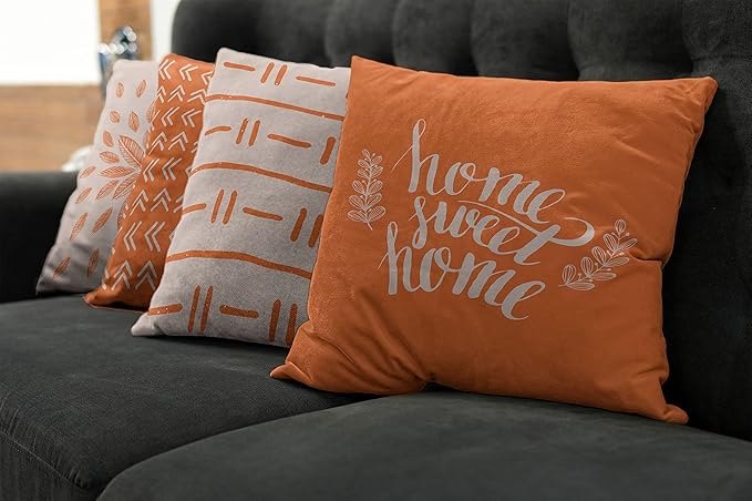 Ambesonne Modern Throw Pillow Cushion Case Pack of 4, Scandinavian Minimal Ornaments Boho Feather Leaves and Home Phrase, Modern Accent Double-Sided Digital Printing, 20", Pale Tan and Burnt Orange