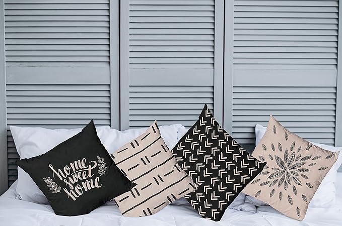 Ambesonne Modern Throw Pillow Cushion Case Pack of 4, Scandinavian Minimal Ornaments Boho Feather Leaves and Home Phrase, Modern Accent Double-Sided Digital Printing, 18", Pale Tan and Charcoal Grey