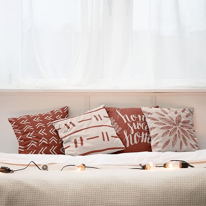 Ambesonne Modern Throw Pillow Cushion Case Pack of 4, Scandinavian Minimal Ornaments Boho Feather Leaves and Home Phrase Print, Modern Accent Double-Sided Digital Printing, 16", Pale Tan and Dark Rust