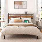 HOOBRO Headboard Queen Size, Headboard with 2 Outlets and 4 USB Ports, Adjustable Height, Storage Rack, Sturdy and Stable, Easy Assembly, Rustic Brown and Black