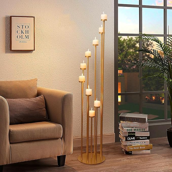 2pcs 9 Arm Candelabra,Floor Candle Holders Tall Set for Wedding Aisle Decoration,Gold Candelabras for Fireplace,Candle Stand Fit for Flameless or Wax