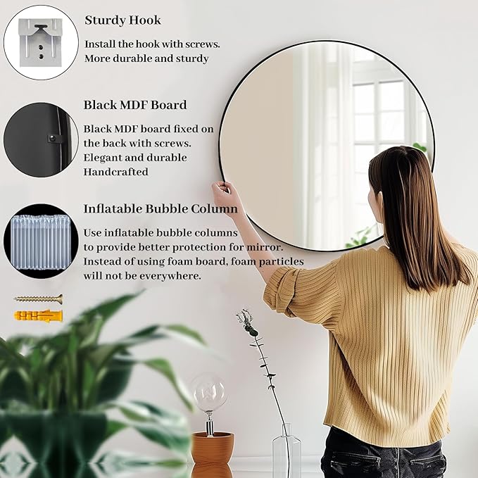 Round Mirror 30 inch, Large Round Mirror, Black Circle Mirrors Aluminum Frame, Circle Mirrors for Wall, Bathroom, Living Room, Hallway.