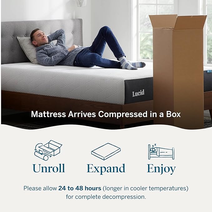 Lucid 12 Inch Memory Foam Mattress - Medium Firm Feel - Infused with Refreshing Bamboo Charcoal and Cooling Gel - Bed in a Box - Temperature Regulating - Pressure Relief - Breathable - Queen Size