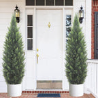 5FT Artificial Cedar Topiary Tree Lifelike Faux Cedar Pines Christmas Trees UV Rated Faux Shrubs Everygreen Plants for Front Porch Outdoor Decor Set of 2