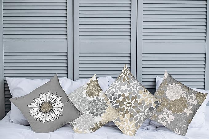 Ambesonne Floral Throw Pillow Cushion Case Pack of 4, Flower Petals Modern Color Palette Chamomile Peony Dahlia and Sunflower Print, Modern Accent Double-Sided Digital Printing, 16", Slate Brown Grey