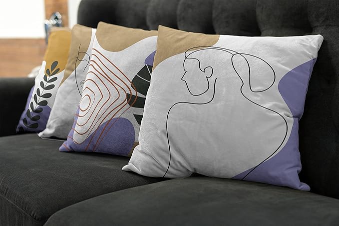 Ambesonne Minimal Throw Pillow Cushion Case Pack of 4, Modern Line Art Woman Portrait with Contemporary Leafy Geometric Details, Modern Accent Double-Sided Digital Printing, 16", Tan Amber Lavender
