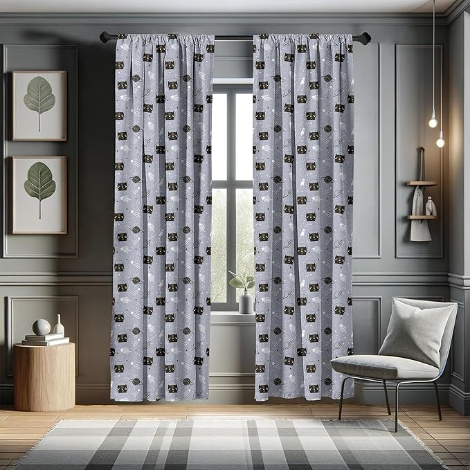 Ambesonne Outer Space Window Curtains, Astronaut Cats Exploring The Universe on Dotted Background, Lightweight Decor 2-Panel Set with Rod Pocket, Pair of - 28" x 63", Purple Grey