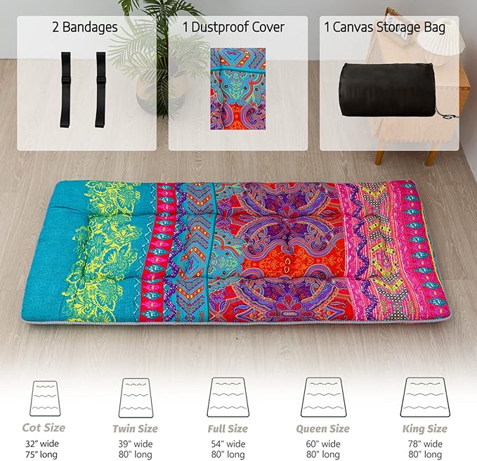 MAXYOYO Bohemian Floor Bed, Japanese Futon Mattress, Narrow Twin Single Bed, Foldable Roll Up Camping Cot for Adults