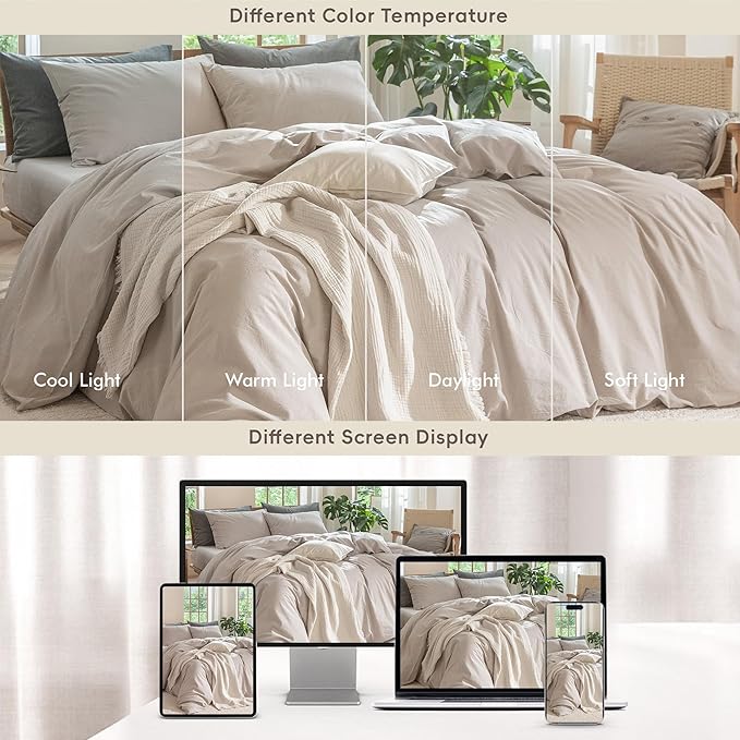 MooMee Bedding Duvet Cover Set 100% Washed Cotton Linen Like Textured Breathable Durable Soft Comfy (Solid Light Tan, King 104"x90")
