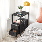 HOOBRO End Table with Charging Station, Narrow Side Table with 2 Drawer & USB Port & Power Outlets, Nightstand for Small Spaces, Stable and Sturdy, for Living Room, Bedroom, Black BK541BZ01