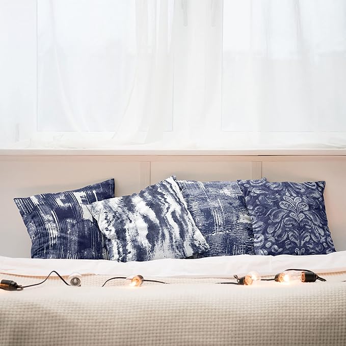 Ambesonne Vintage Throw Pillow Cushion Case Pack of 4, Abstract Grunge Effect Brushstrokes and Waving Striping Stains Paisley Drops, Modern Accent Double-Sided Digital Printing, 16", Violet Blue White