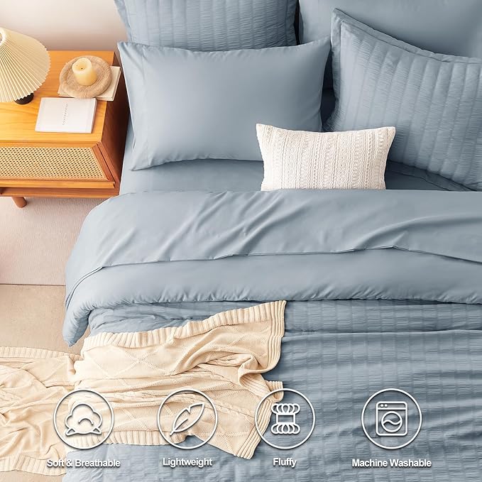CozyLux Grayish Blue Queen Comforter Set Seersucker 7 Pieces Dusty Blue Bed in a Bag Queen Comforter Set with Sheets, Luxury Bedding Set with Down Alternative Comforter, Sheets, Pillowcases & Shams